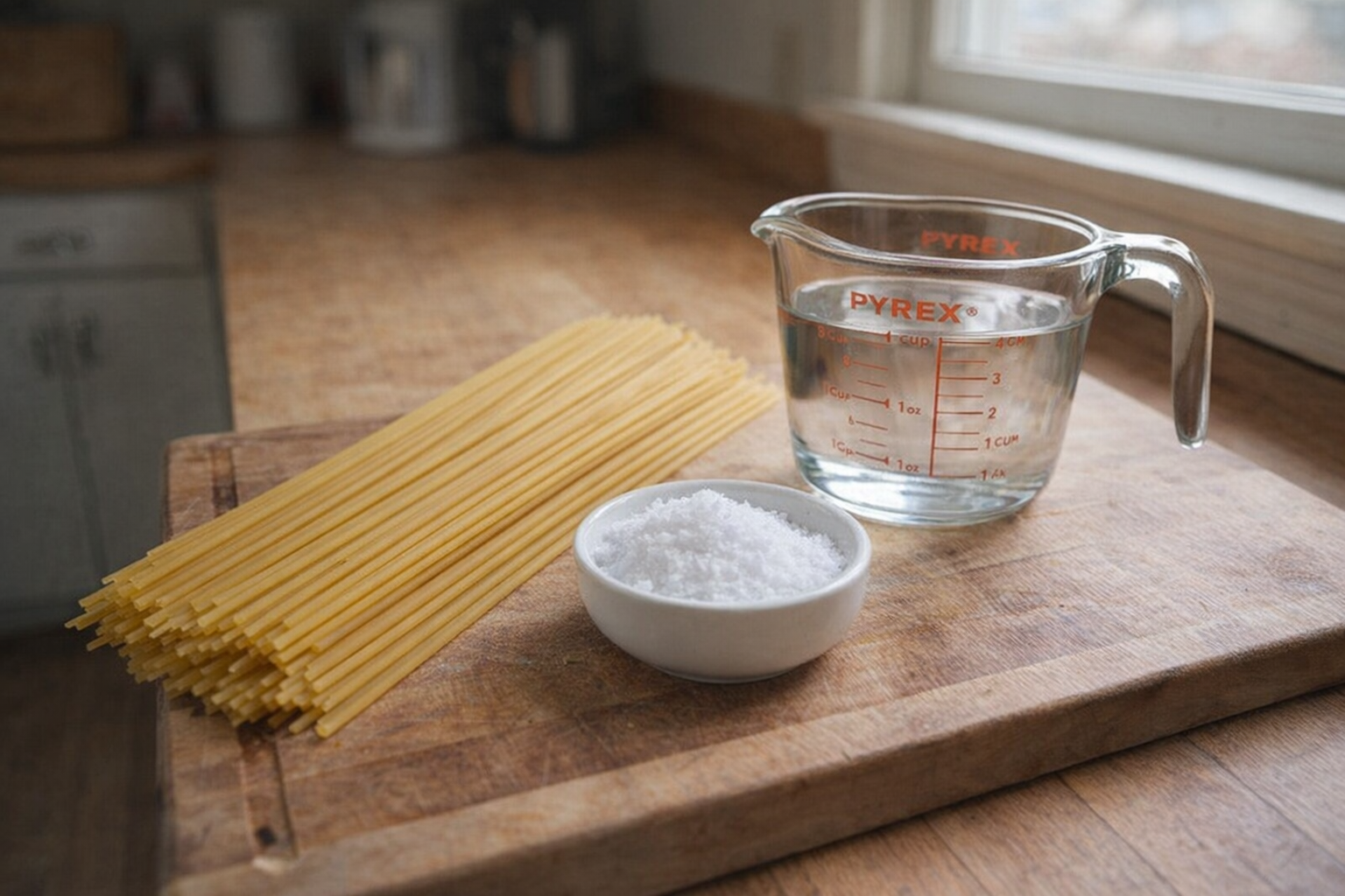 Raw pasta, salt, and a measuring cup laid out on a wooden cutting board, ready to be cooked, natural light from a kitchen window